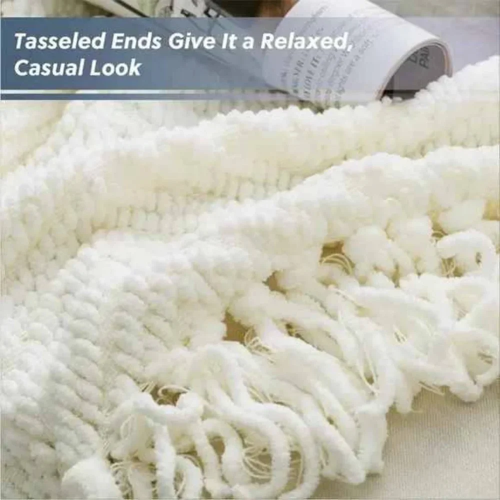West Elm White Fluffy Soft Chevron Pattern Fringe Tassel Boho Farmhouse Blanket
